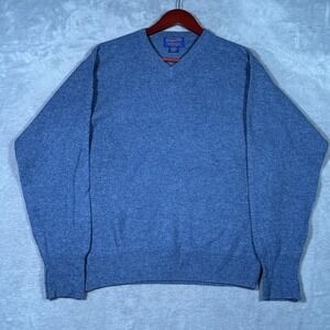 Pendleton Sweater Mens Small Blue Wool 100% Lambswool V Neck Knit Pullover *FLAW